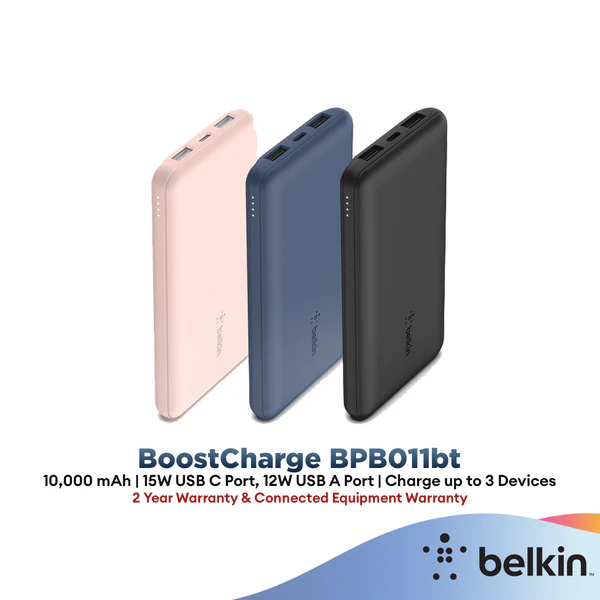 BPB011btNoLogo Belkin BPB011bt BoostCharge Power Bank 10000mAh 15W with USB-A to USB-C Cable | BPB011btBK Black / BPB011btBL Blue/ BPB011btRG Rose Gold